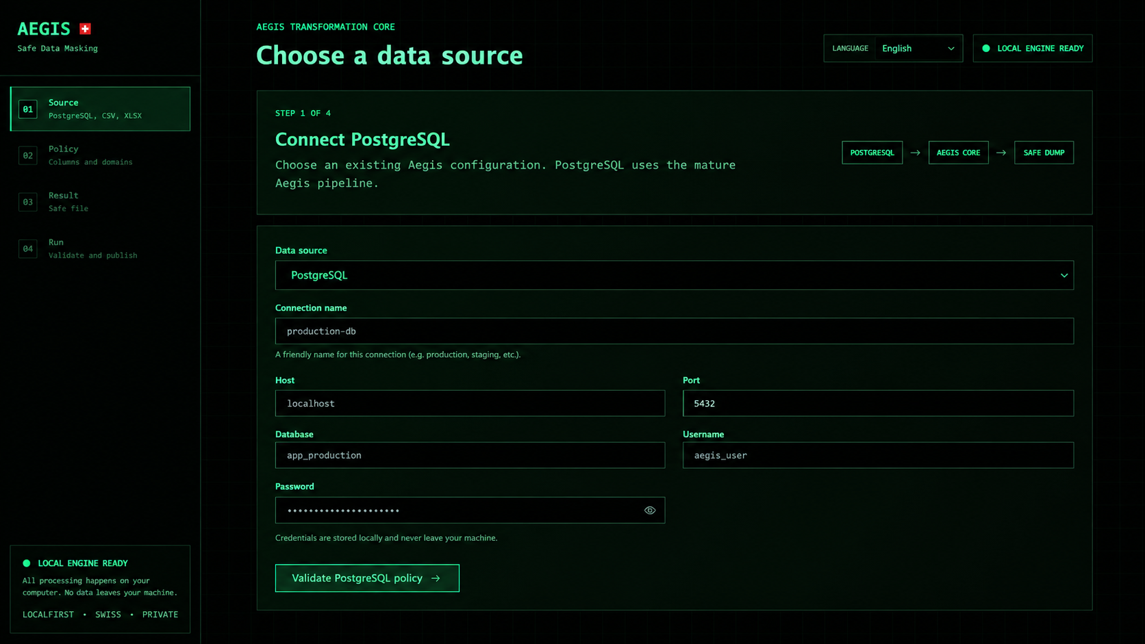 AEGIS Source screen with PostgreSQL connection settings and the local engine status.