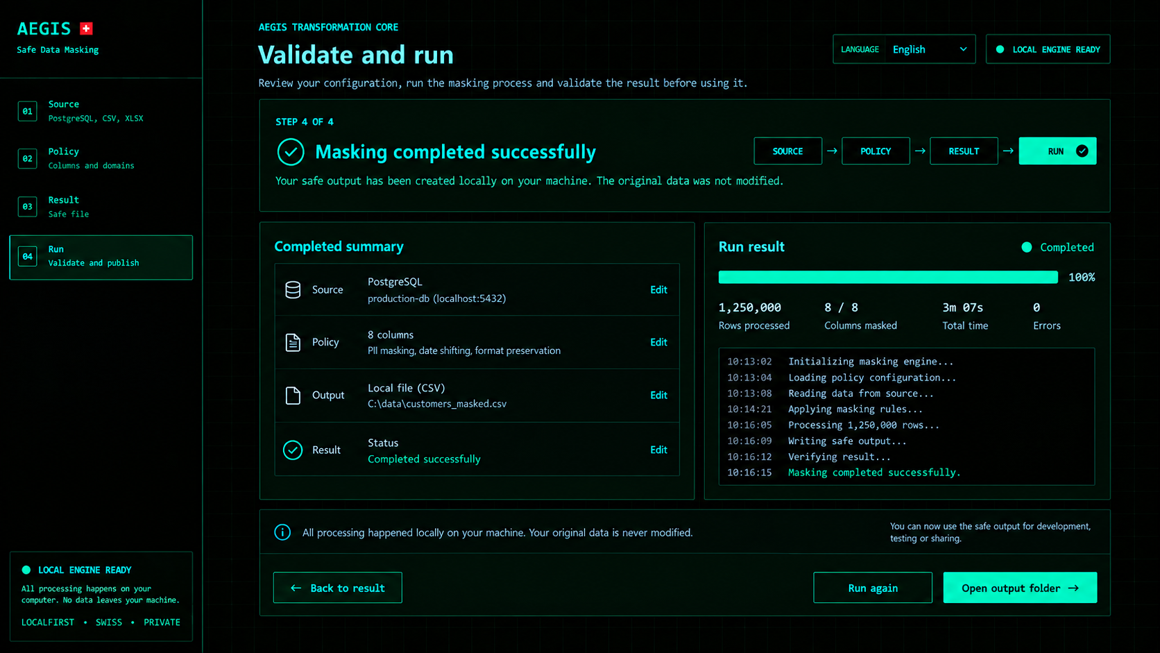AEGIS Run screen showing a completed masking run, its configuration summary and local output status.
